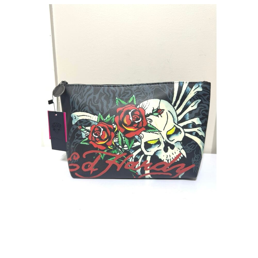 Ed Hardy Cosmetic Pouch Bag Black With  Skull, Red Rose Tattoo Metal Charm